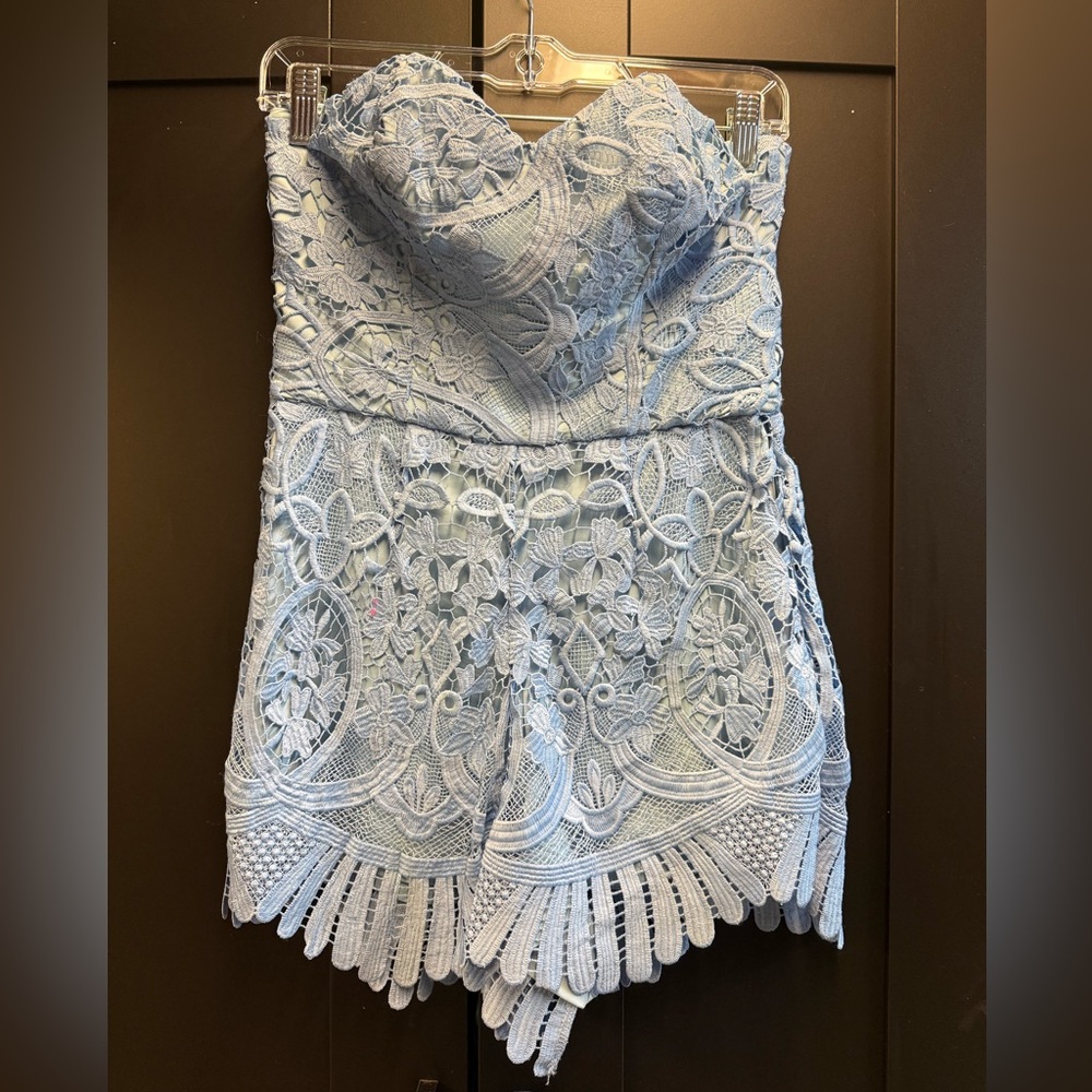 Lovers + Friends Kira Sky Blue Strapless Romper